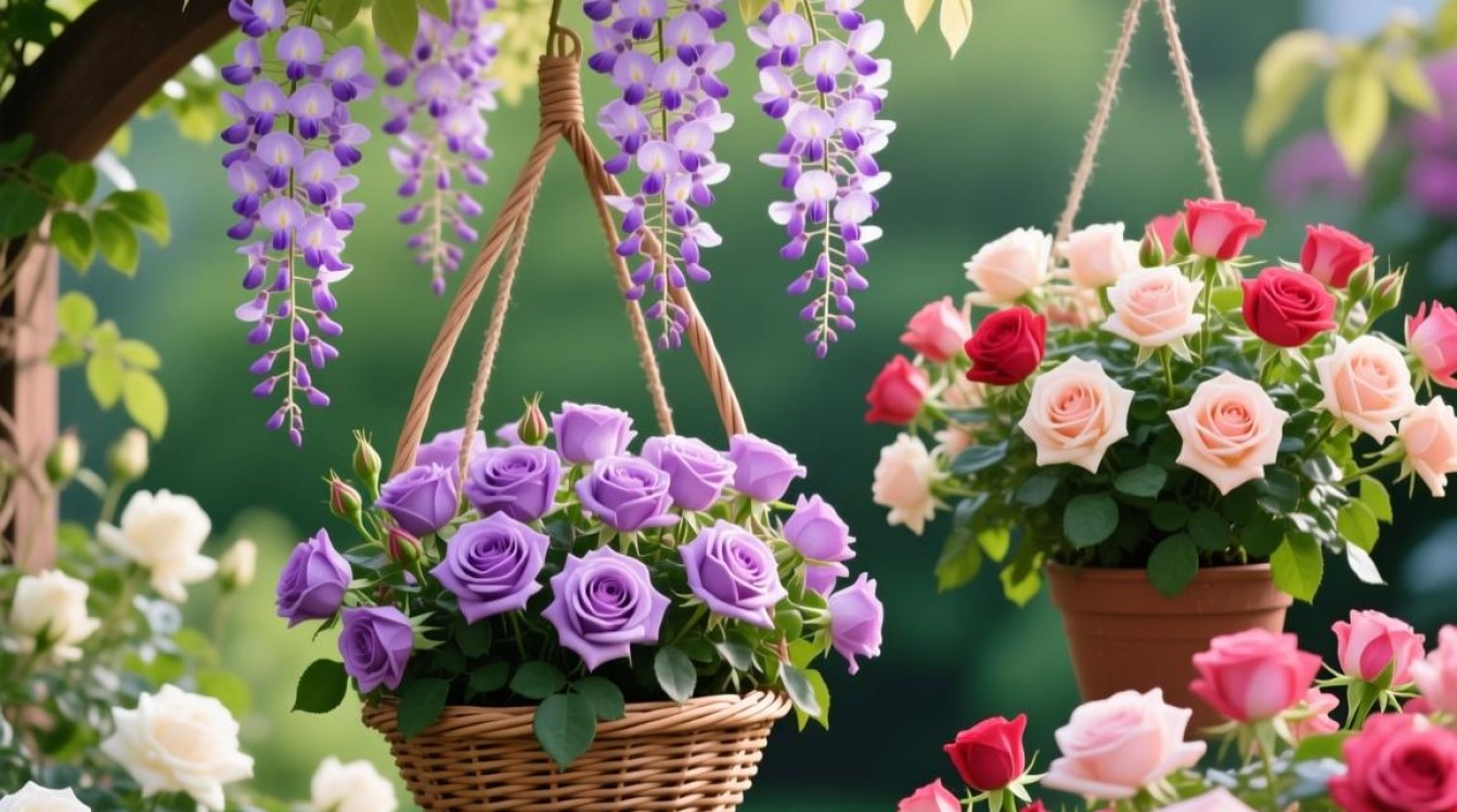 紫藤吊篮与玫瑰，养护技巧有何不同？